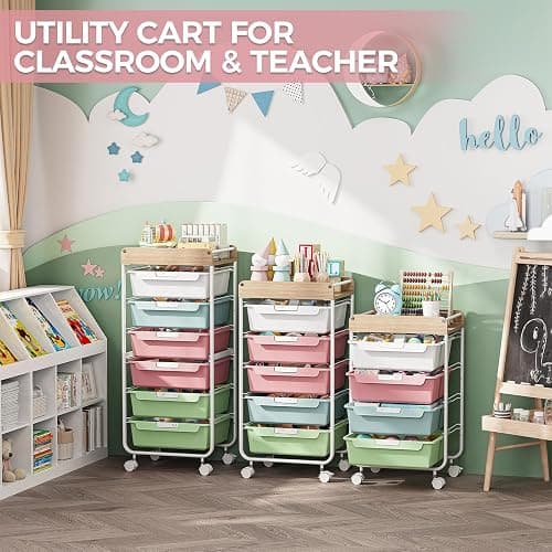 SYKIARIOL Rolling Storage Utility Cart with 4 Drawers,Kids Craft Art Cart,Makeup Organizer and Storage with Wooden Tabletop,Colorful thumbnail 6