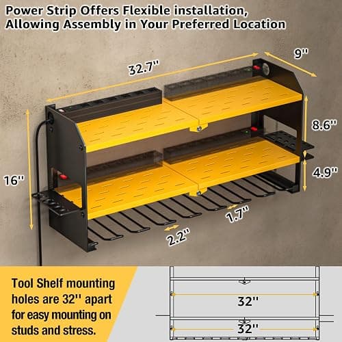 YYR Power Tool Organizer with Charging Station Wall Mount, Cordless Drill and Battery Holder for Garage Organization, Electric Tools Storage Rack Build in Surge Protection Power Strip - Yellow Shelf thumbnail 3