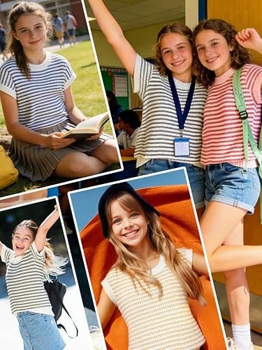 Seiciviy Girls Summer Cute Tops School Picture Day Teen Tween Sweater Vest Striped Short Sleeve Trendy Knit Outfits thumbnail 5