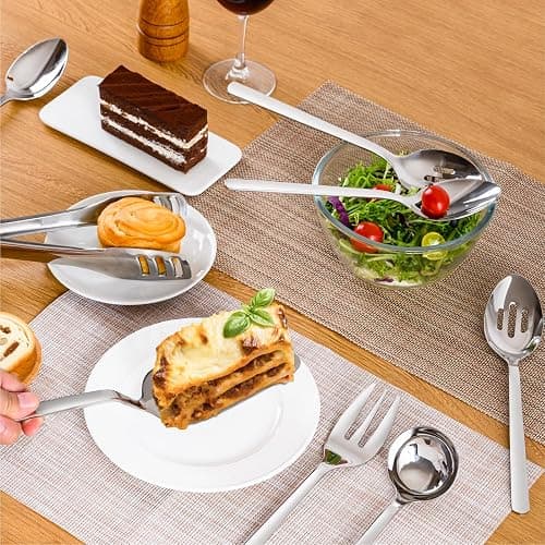 KINGSTONE Large Hostess Serving Utensils Set, 18/10 Stainless Steel Heavy Duty 10-inch Serving Utensils, Slotted Spoons, Forks, Tongs, Cake Pie Server for Buffet, Wedding, Party thumbnail 2