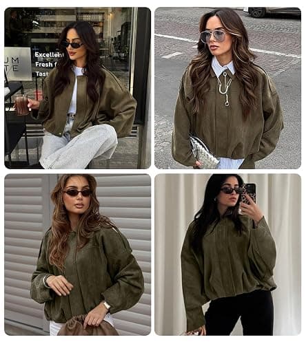 Bnigung Womens Faux Suede Bomber Jacket Casual Lapel Pilot Cropped Coat Oversized Motorcycle Jackets 2025 Outerwear thumbnail 6