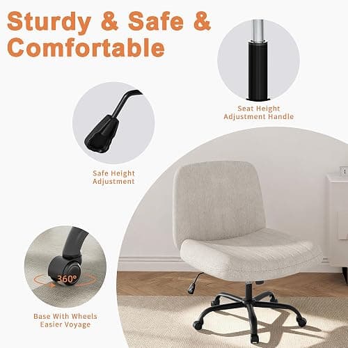 Shintenchi Criss Cross Chair,Cross Legged Office Seat with Wheels Armless Swivel Vanity Chair,Height Adjustable Wide Computer Task Seating for Home Office,Beige thumbnail 7