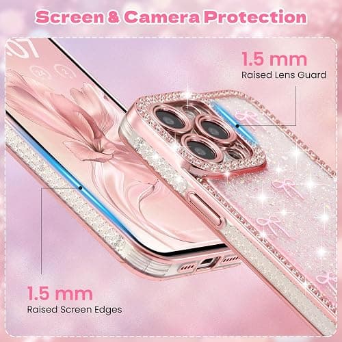 FABSPARK Case for iPhone 12 Pro Max,3D Pink Ribbon Bow,Crystal Clear Glitter Diamond Rhinestone Sequin Shiny Sparkly Bling,Aesthetic Transparent Soft for iPhone 12 Pro Max Case - Pink/Pink Bow thumbnail 3