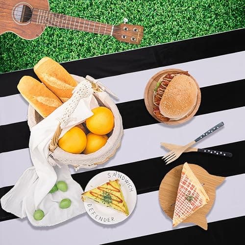 Kesfey 3 Packs Black and White Vertical Striped Tablecloth 54 x 108 Inch Geometric Black Stripe Table Cloths Disposable Plastic Stripe Table Covers Waterproof Picnic Tablecover for Camping Party thumbnail 2