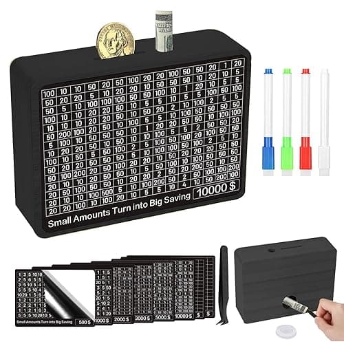 Money Saving Box Cash Vault Wooden Savings Challenge Box Piggy Bank for Adults Kids Budgeting and Savings Goals Coin Bank for Boys and Girls No Install Required (8 Amounts) - Black