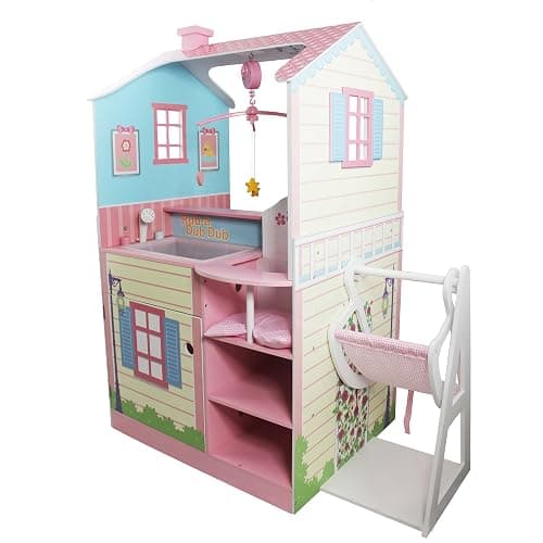 Olivia's Little World - All in One 16-18 inch Baby Doll Wooden Nursery Center - Double Sided Dollhouse for Baby Dolls with Swings - Multi- Functional Changing Station - Pink & Blue - Image 1
