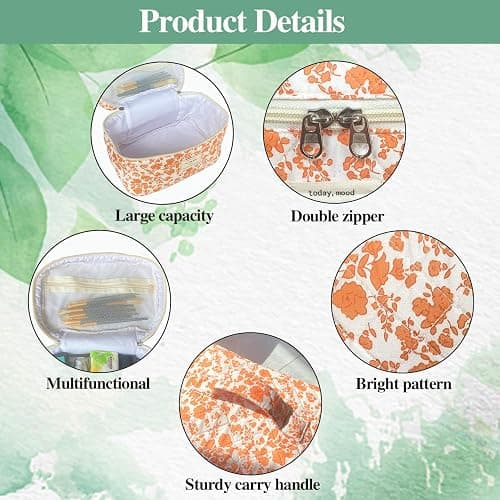 WYJ Orange Large Quilted Floral Makeup Bag Cute Soft Coquette Aesthetic Cosmetic Bag Cotton Travel Toiletry Bag for Women thumbnail 4
