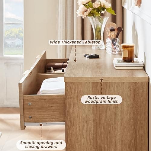 LEYAOYAO Fluted 6 Drawers Dresser, 48" Wide Modern Chest of Drawers with Wood Grain Top, Curved Profile Design, Dresser TV Stand, Wood Drawer Organizer for Bedroom, Living Room, Hallway,Natural thumbnail 8