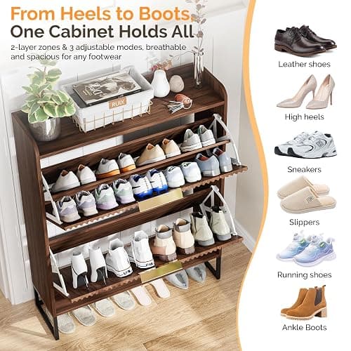 VINGLI Fluted Shoe Cabinet Storage for Entryway,Hidden Shoes Storage Cabinet with 2 Flip Drawers, Mid Century Modern Shoe Rack Organizer,Free Standing Shoes Organizer for Hallway(Dark Walnut) thumbnail 6