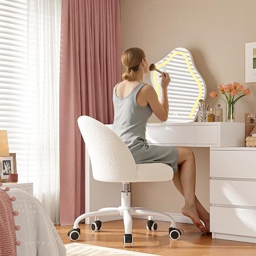 DurayLoly White Vanity Chair with Wheels, Cute Desk Chair with Back, Armless Office Chair Height Adjustable, Soft Lumbar Support for Small Space, Bedroom thumbnail 5