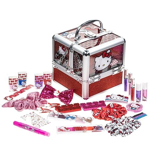 Hello Kitty Train Case Cosmetic Makeup Set Includes Lip Gloss, Eye Shimmer, Nail Polish, Hair Accessories & More! For Girls, Ages 6+ Perfect for Parties & Makeovers by Townley Girl - Image 1