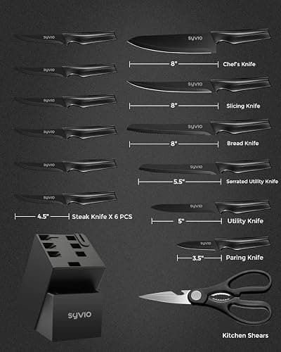 syvio Block Knife Set, 15 Pcs Kitchen Knife Set with Block and Sharpener, with Heavy Poultry Shears and 6pcs Serrated Steak Knives Razor-Sharp, Stainless Steel, Lightweight, Anti-Slip Handle thumbnail 3