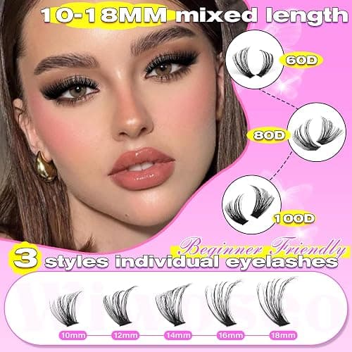 wiwoseo Individual Eyelashes Cluster Lashes Kit Lashes Individual Cluster Kit 60+80+100D Lash Clusters Eyelash Extensions Eyelashes Individuals Kit with Bond and Seal Lash Glue (10-18MM) thumbnail 6
