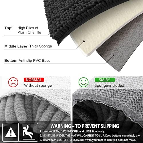 Smiry Luxury Chenille Bathroom Rugs 30x20, Extra Soft and Absorbent Shaggy Bath Mat, Machine Washable, Non-Slip Plush Carpet Runner for Tub, Shower, and Floor, Home Decor Accessories, Black thumbnail 5
