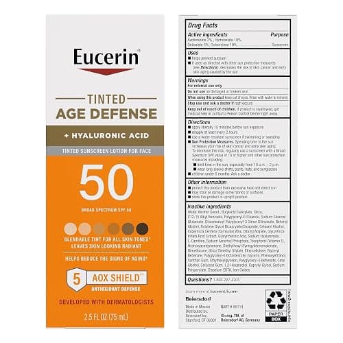 Eucerin Sun Tinted Age Defense Face Sunscreen Lotion SPF 50 with Hyaluronic Acid, Tinted Sunscreen for Face, Blendable Tint for All Skin Tones, Non Comedogenic and Hypoallergenic, 2.5 Fl Oz Bottle thumbnail 9