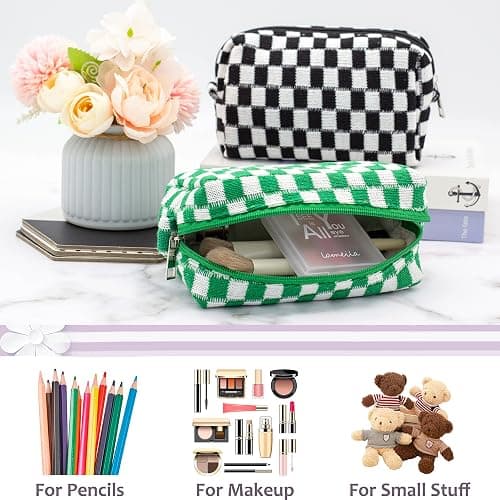 PAZIMIIK Checkered Makeup Bag for Purse Portable Zipper Make Up Pouch Small Cosmetic Case for Travel Accessories (Green) thumbnail 4