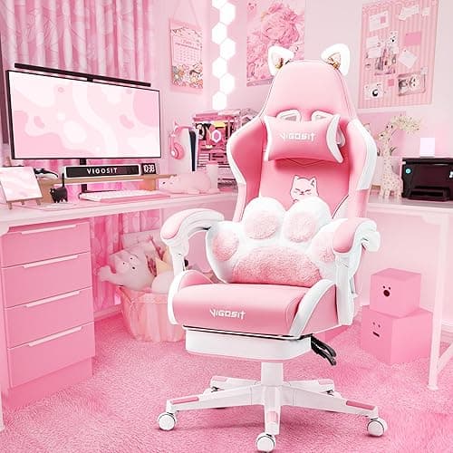Vigosit Cat Ears Pink PU Leather Gaming Chair Ergonomic Adjustable Office Desk Computer Chairs for Gamers Adults Kids 360 Degree Swivel Recliner 45in Height - Pink - Pink