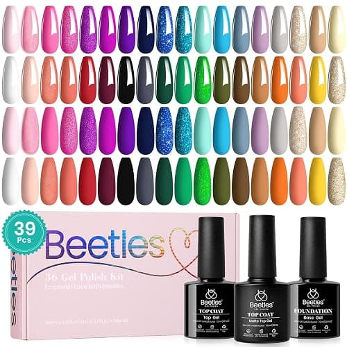 Beetles Fall Gel Nail Polish Set, 36 Colors Gel Polish Set Sparkle Red Pink Glitter Black Nail Kit Free Journey Collection with 3Pcs Base Top Coat Soak off Uv Gel Polish Manicure Kit - Image 1