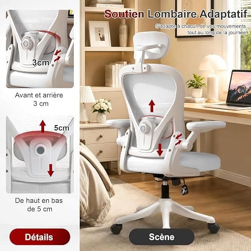 WXJHL Chaise de Bureau Ergonomique avec Soutien Lombaire Réglable, Fauteuil de Bureau avec Appui-Tête et Accoudoirs Relevables, Chaise Informatique pour Télétravail et Étude, Blanc thumbnail 3