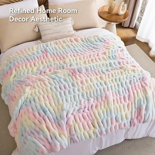 Smoofy Rainbow Throw Blanket for Couch – Luxury Faux Rabbit Fur Blanket, Ultra Soft Fluffy Plush Fuzzy, Lightweight Warm Cozy Blanket for Bed Sofa, Colorful Aesthetic Room Decor Gift for Women 50"x60" thumbnail 8