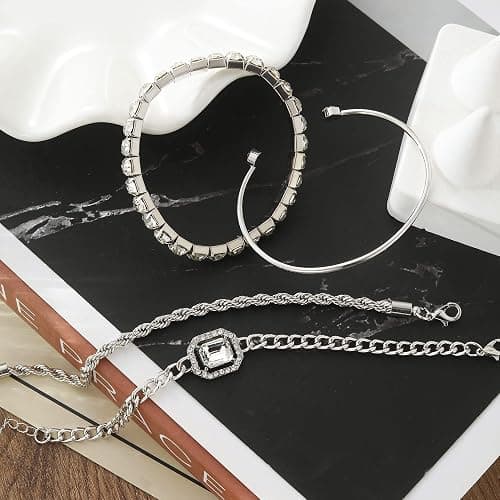 4 Pcs Dainty Gold Silver Bracelets Set for Women 14K Plated Link Cubic Zirconia Paperclip Stake Layering Chain Adjustable Trendy Hand Jewelry thumbnail 4