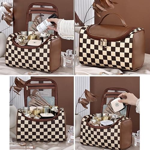 FEEZUSH Makeup Bag, Travel Portable Checkered Pattern Cosmetics Skincare Storage Bag (Brown) thumbnail 6