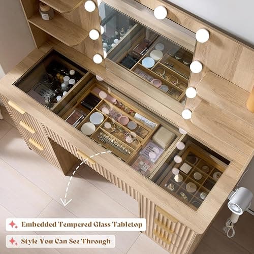 AMERLIFE 47.2" Fluted Vanity Desk with Mirror and Adjustable LED Lights, Large 7 Drawers Makeup Table with Glass Top and Charging Station for Women and Girls, Bedroom or Dorm, Natural Oak thumbnail 5