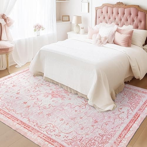 Pink Rug for Nursery Girl Bedroom 5x8 - Cute Bow Coquette Room Decor for Teen Girls Aesthetic,Washable Light Pink and White Cottage Core Floral Scalloped Rug for Dorm Room College Students Playroom thumbnail 3