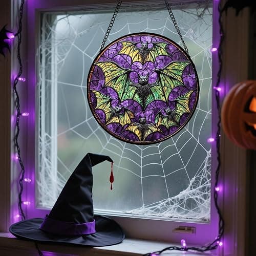 HWRHTR Stained Glass Window Hanging - Halloween Decorations Bats Suncatcher for Doors Garden Indoor Spooky Funny Purple Sun Catchers Gothic Decor Horror Gifts for Women Men Friend 9.8 in thumbnail 5