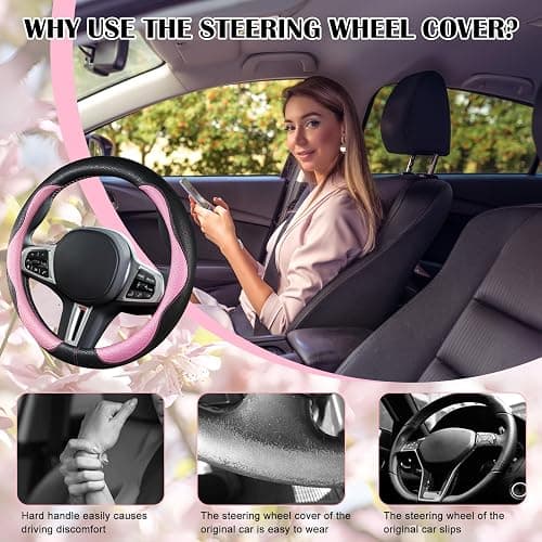 SuperKaKa Car Steering Wheel Cover 2025, Universal Auto PU Cute Breathable Slip-Proof Comfort Imitation Leather Protector Cars Interior Accessories for Women Men Fit Most Vehicle (Pink) thumbnail 4
