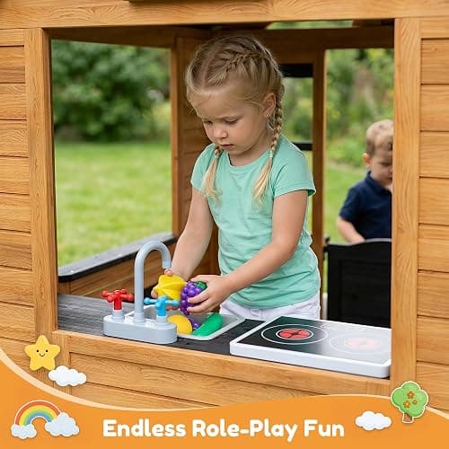 Aoxun Kids Outdoor Playhouse Wood Play House for Kids Ages 3-8 withPet Door | Backyard Cottage Playhouse with Play Kitchen,Snack Bar,Blackboards,Flowerpots,Children Toddler Playground Playset for Garden thumbnail 4