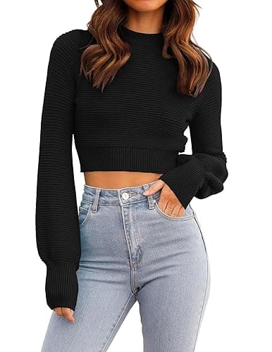 ZESICA Women's Fall Mock Neck Cropped Sweater Long Sleeve Soft Ribbed Knit Pullover Jumper Tops - Medium - Black