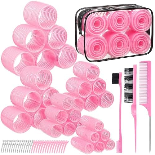 5 Sizes Self Grip Hair Rollers Set, 64 Pcs Rollers Hair Curlers with Clips Comb for Long Medium Short Hair (60 48 40 32 20mm), Pink - Image 1