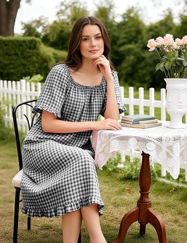 Flygo Womens Gingham Nightgown Cotton Pullover House Dress with Pockets | Square Neck, Short Sleeve, Y2K Plaid Print, Knee Length Cut, Loose Fit, Cute Ruffle Sleep Dress, for Loungewear, Maternity thumbnail 6