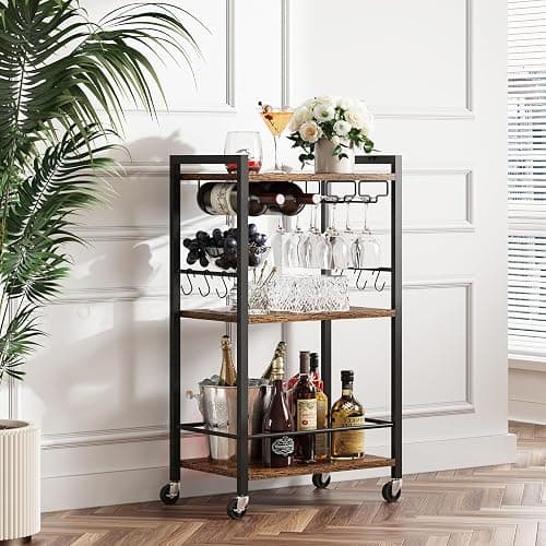 TUTOTAK Bar Cart with Wheels, Mini Drink Cart with Wine Rack & Glass Holder | 3-Tier 17 Inch Wide Home Bar Serving Carts, Small Mobile Kitchen Shelf with 6 Hooks, Rustic Brown BC01BB035 - Image 1