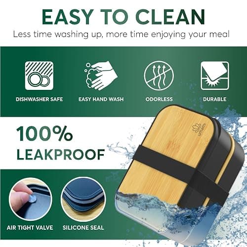 Umami Bento Box Adult All-In-1 w/4 Utensils, 2 Sauce Jars 2 Dividers, Bamboo Lid, 100% Leakproof, Microwave & Dishwasher Safe Stackable Bento Lunch Box Containers for Men/Women, Black Beige, 68 oz thumbnail 4