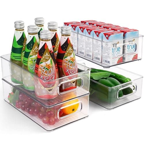 LotFancy Refrigerator Organizer Bins, 4 Pack,10x6x3 in, BPA Free Clear Plastic Storage Bins for Pantry Organization, Stackable Containers with Handles for Fridge, Kitchen Drawer, Freezer, Cabinet - 10'' x 6'' x 3'' - Image 1