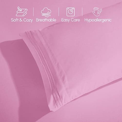 Elegant Comfort Luxurious 1500 Premium Hotel Quality Microfiber Three Line Embroidered Softest 4-Piece Bed Sheet Set, Wrinkle and Fade Resistant, Twin/Twin XL, Light Pink thumbnail 5