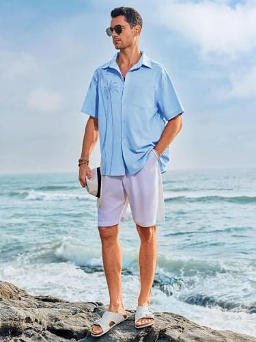 Runcati Mens Hawaiian Shirt Short Sleeve Button Down Summer Beach Vacation Cotton Linen Shirts thumbnail 3