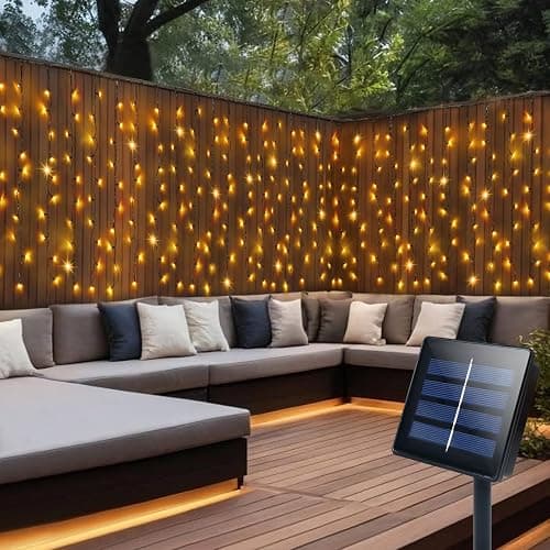 CCILAND Solar Curtain Lights Outdoor 4M x 1M 200 LED Curtain Lights Green Wire Waterproof Curtain String Lights for Garden Patio Gazebo Fence Wedding Party Decoration - Warm White - Image 1