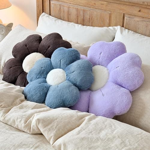Flower Shaped Pillow, Cute Decorative Throw Pillow with Soft Artificial Rabbit Fur for Couch Bed Chair Floor, Flower Pillows Seating Cushions with Room Décor for Bedroom Living Room (14.9" Lavender) thumbnail 6