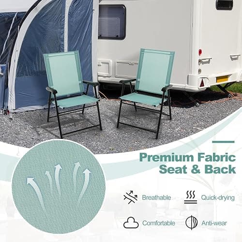 Tangkula Patio Folding Chairs Set of 4, Outdoor Sling Chairs with Breathable Fabric Back & Seat, Portable Dining Camping Chairs for Poolside, Yard, Garden, Deck, Lawn, Beach (Mint Green) thumbnail 6