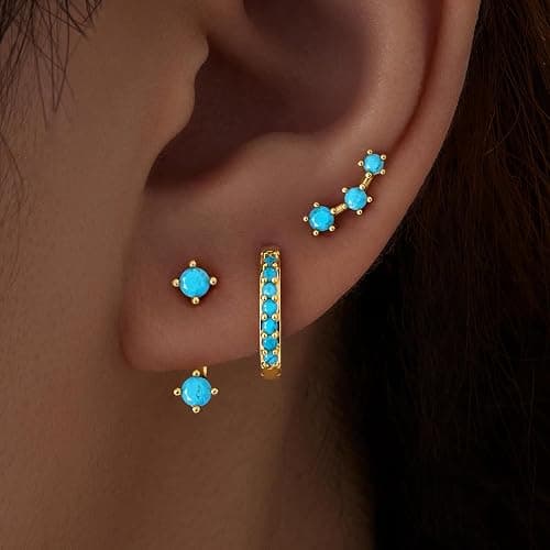 Gold Stud Earrings Set for Women, 3 Pairs Huggie Hoop Jacket Studs Earring Stacks, Hypoallergenic 925 Sterling Silver Post Dainty Birthstone Trendy Women Fashion Accessories Jewelry Gifts thumbnail 7