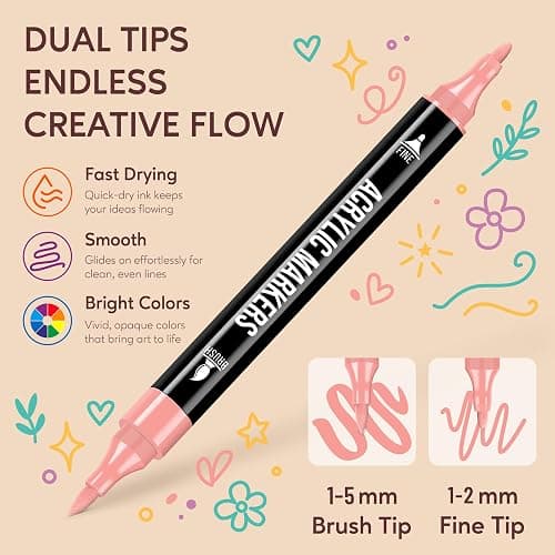 Pagather Acrylic Paint Markers, 72 Colors Dual Tip Fine & Brush Pens Set | For Rocks, Fabric, Wood, Glass & More, Perfect for DIY Crafts and Creative Art Projects with Bright, Smooth and Quick-Dry Ink thumbnail 2