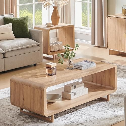 IFGET 48" Modern Coffee Table, 2-Tier Minimalist Center Table with Storage Shelf, Curved Profile Design, Wooden Rectangular Living Room Table w/Wood Thick Design for Living Room, Office, Natural Oak thumbnail 3