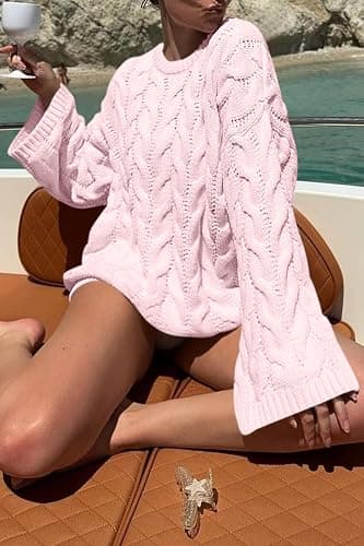 Cicy Bell Womens Oversized Cable Knit Sweaters Long Sleeve Chunky Pullover | Fall Clothes, Casual Trendy, Crewneck, Loose Fit, Pullover Tops, Winter Warm thumbnail 7