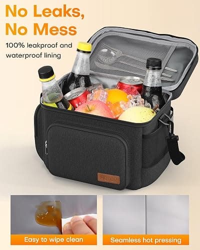 HOTOR Lunch Box for Men and Women - Leak-Proof Insulated Lunch Cooler Bag with Adjustable Strap, Multiple Pockets for Office, Picnic, Hiking, Beach, 1 Layer, 8L, Black, 9.8" x 8.7" x 5.9" thumbnail 4