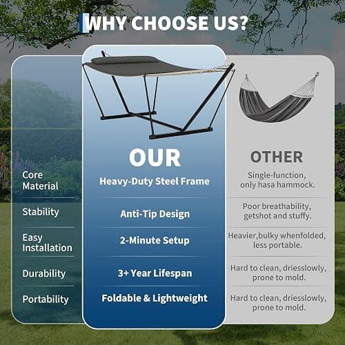 Garvee 2 Person Portable Double Hammock for Outdoor with Pillow, Heavy Duty Portable Hammock with Adjustable Steel Stand for Patio, Garden, Beach, Backyard thumbnail 5