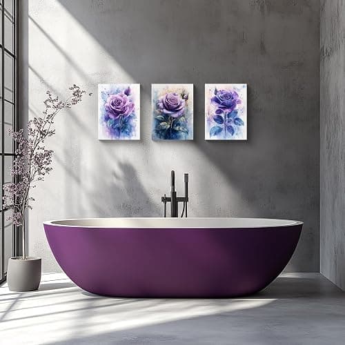 NAN Wind 3PCS Purple Rose Watercolor Canvas Wall Art Floral Botanical Violet Flower Bloom Romantic Modern Home Decor for Bedroom Living Room Bathroom or Office Artistic Garden Style Wall Decoration thumbnail 5