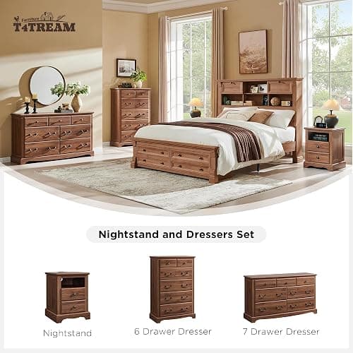T4TREAM 54" Wide 7 Drawers Dresser Chests for Living Room, Light Walnut | Vintage handle Farmhouse Wood Storage Organizer Bedroom,Hallway thumbnail 7